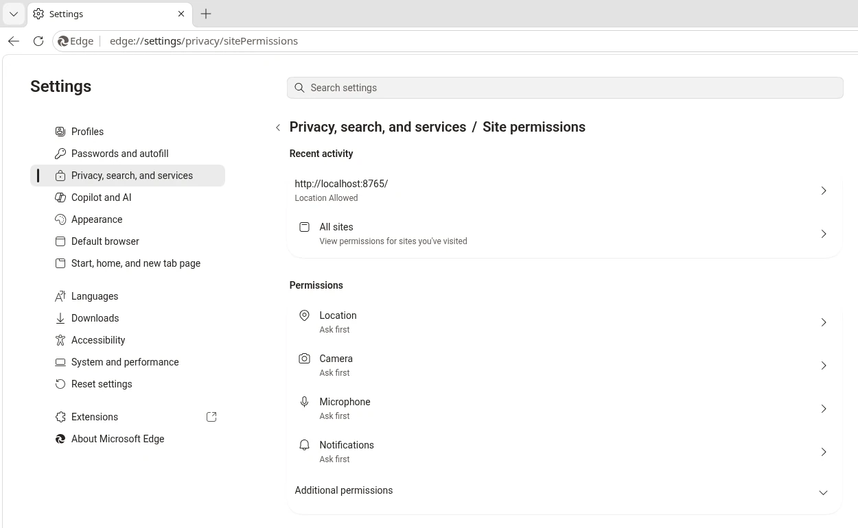 Edge 156 Settings page Privacy, search, and services, Site permissions, showing Recent activity, All sites and the Location, Camera, Microphone and Notifications permissions