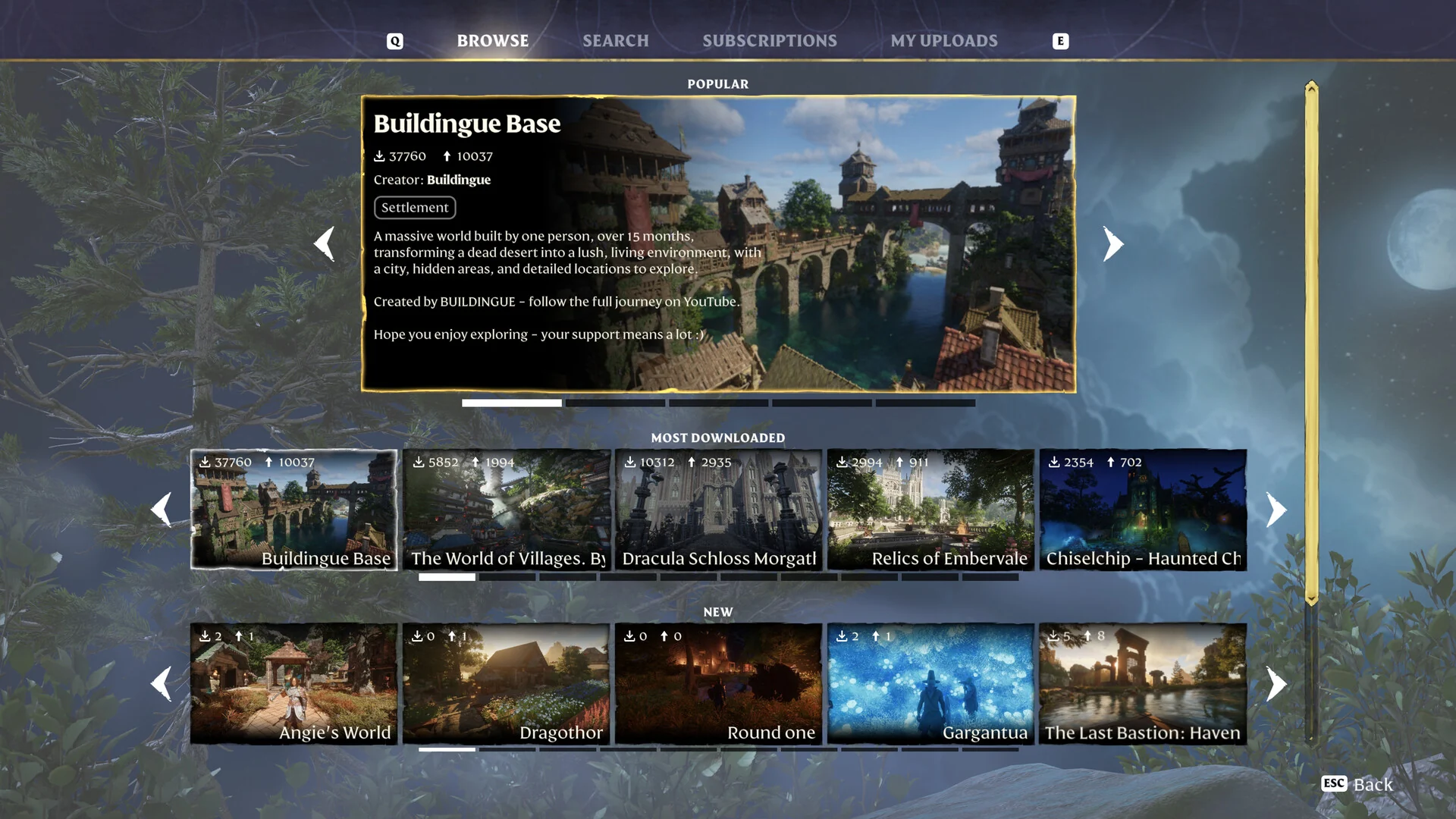 The Adventure Sharing browser in Enshrouded, showing popular, most downloaded and new player-made worlds to play
