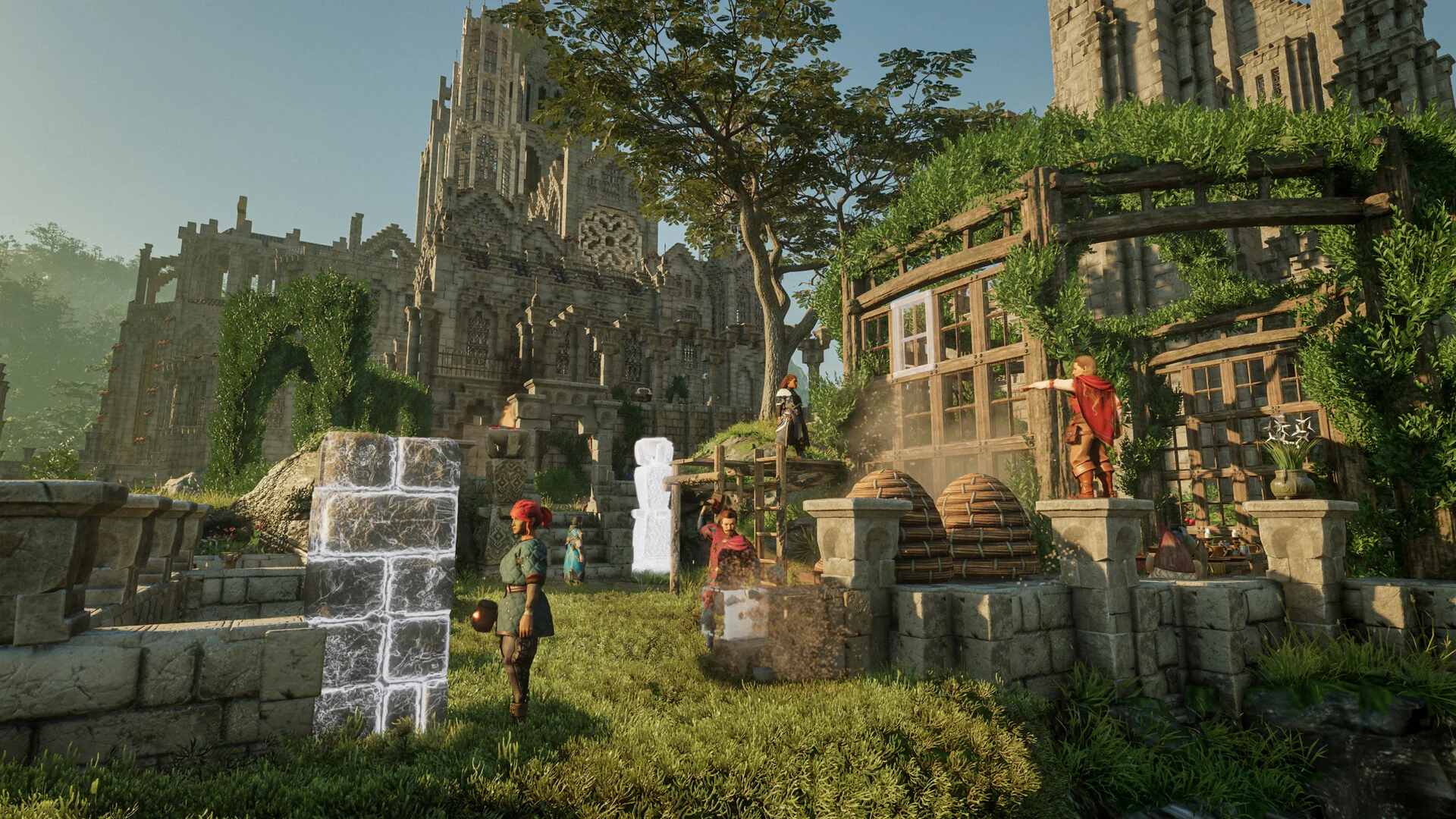 A player-built stone house with a garden and beehives next to a large ruined cathedral covered in ivy