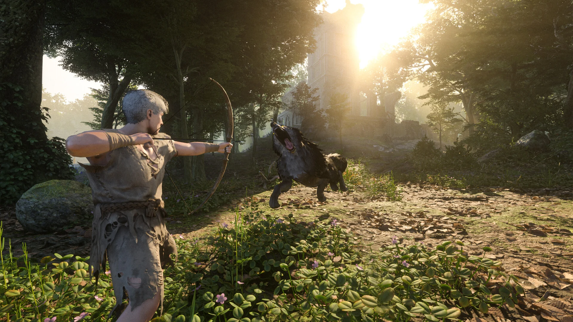 A player draws a bow at a wild beast in a sunlit forest clearing