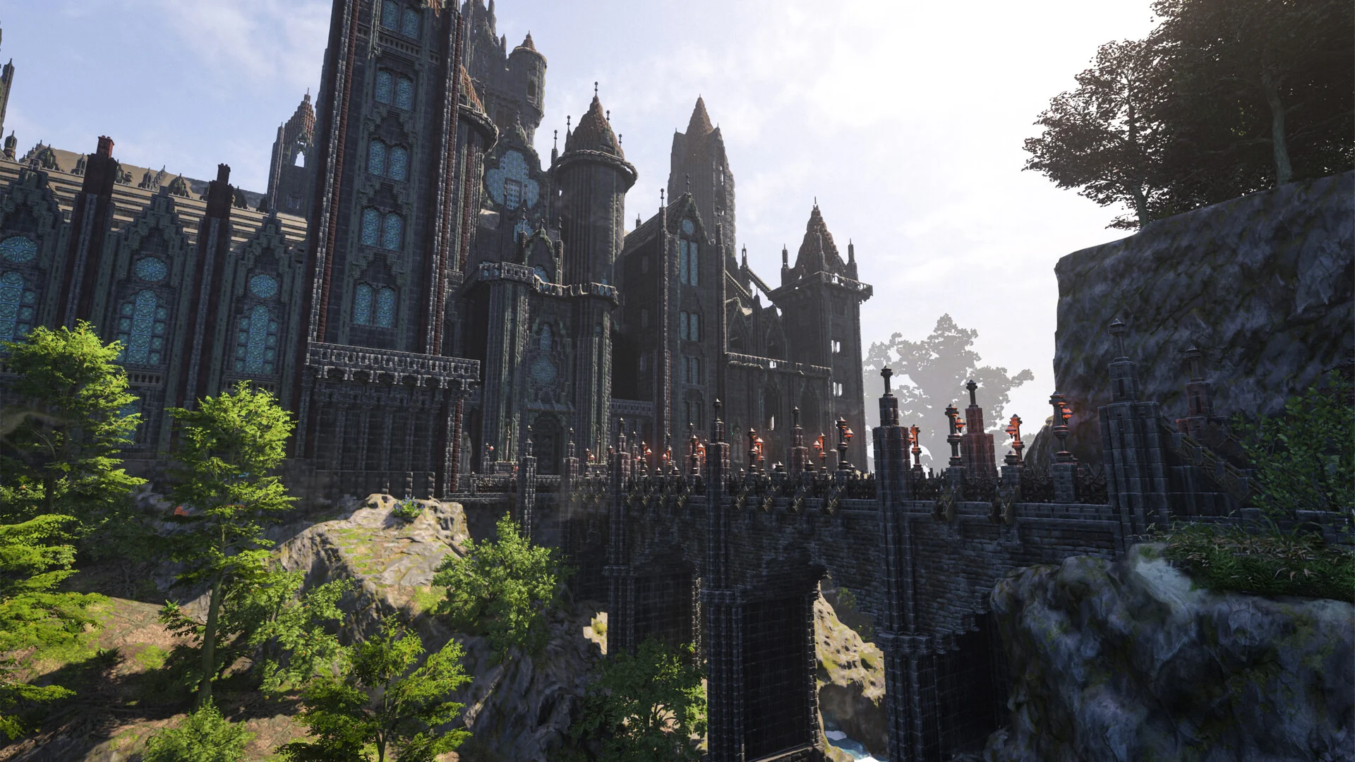 A huge player-built gothic castle with spires and a stone bridge on a cliff in Enshrouded