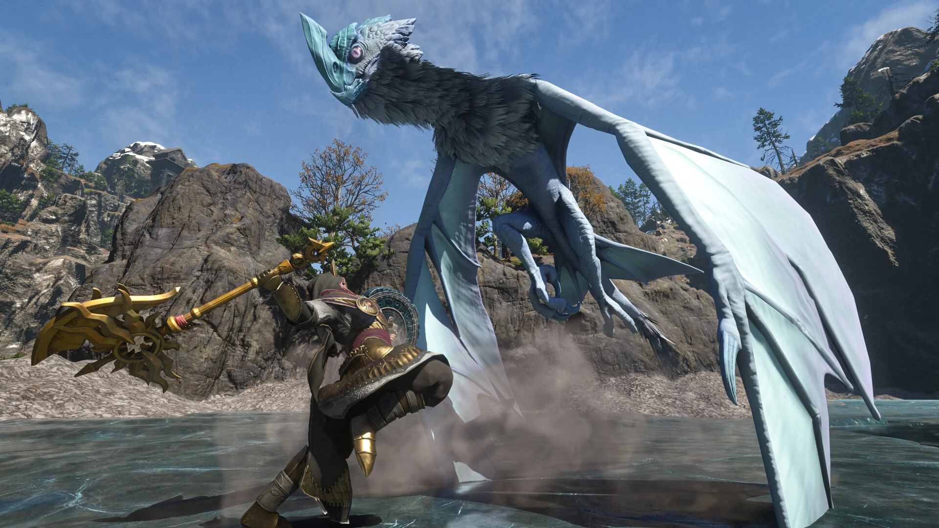A player with a golden axe faces a large pale winged beast in shallow water beneath mountains