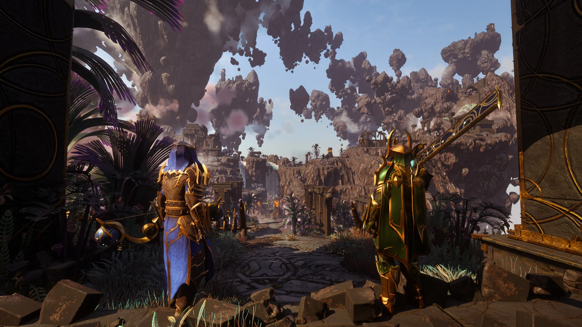Two armored players walk through a ruined city under a sky full of floating rock islands