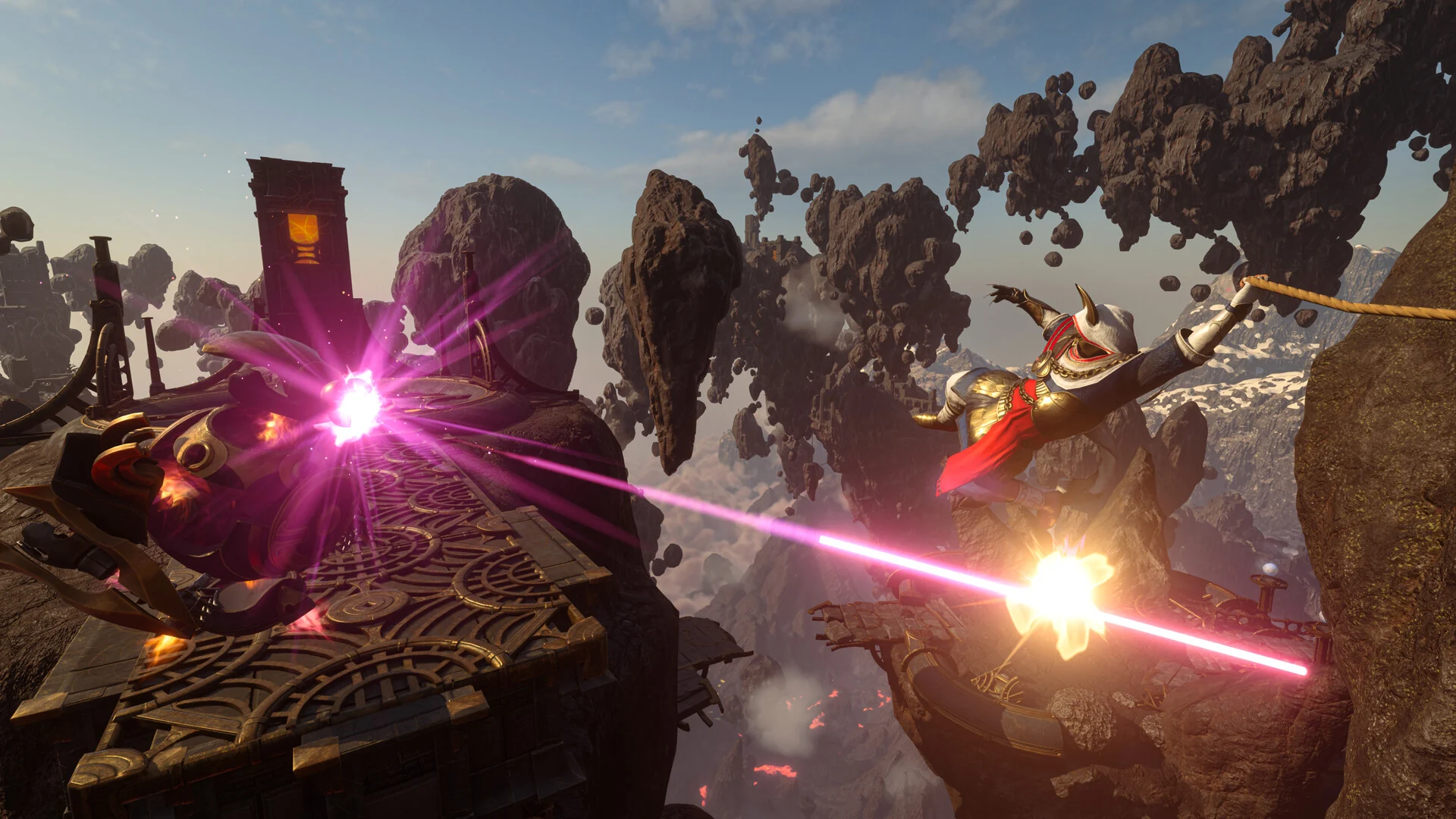 A player on a grappling line fires a pink beam at an enemy among floating rock ruins