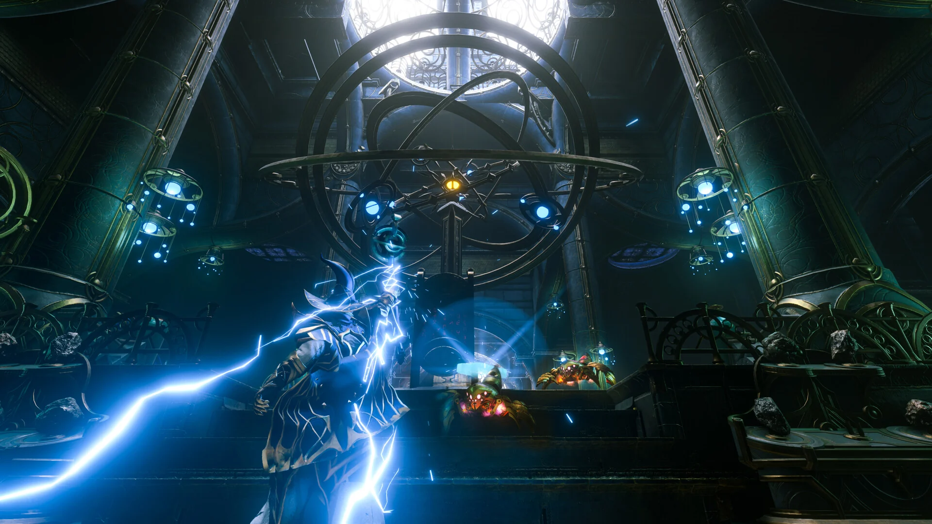 A mage casts a bright lightning spell inside a tall ancient hall with glowing blue machinery