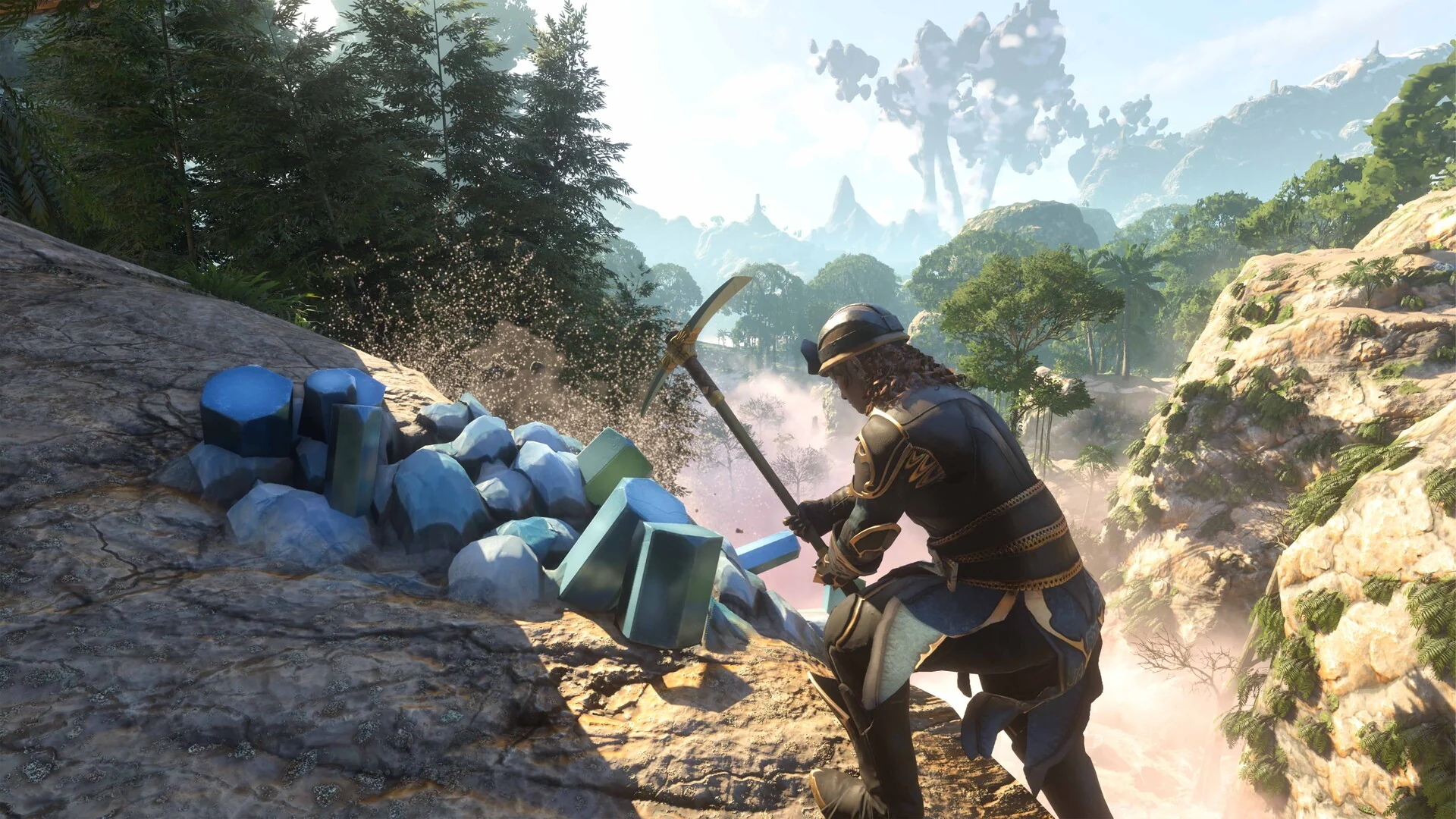 A player mines a blue ore deposit with a pickaxe on a rocky slope above a forest