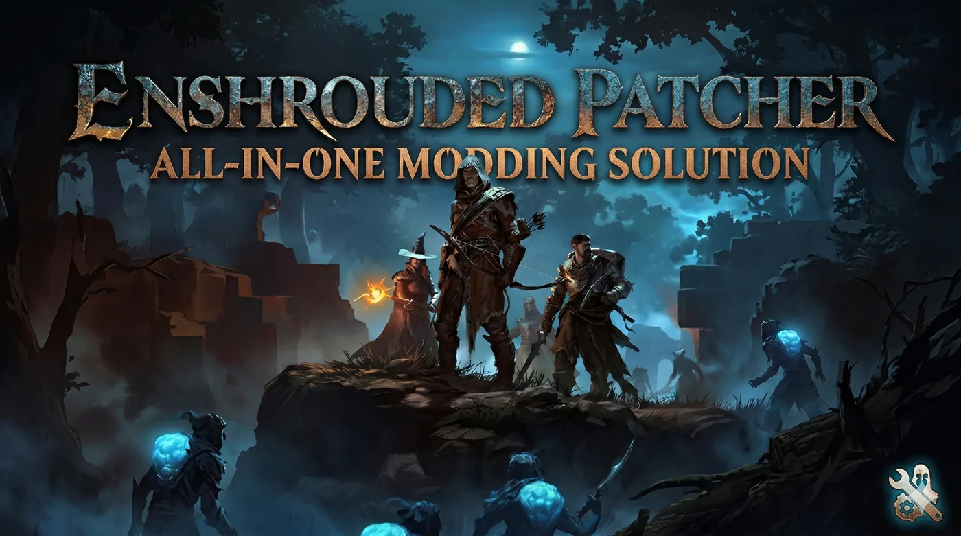The Enshrouded Patcher mod banner, four armored adventurers in a dark forest under the words Enshrouded Patcher, All-in-one modding solution