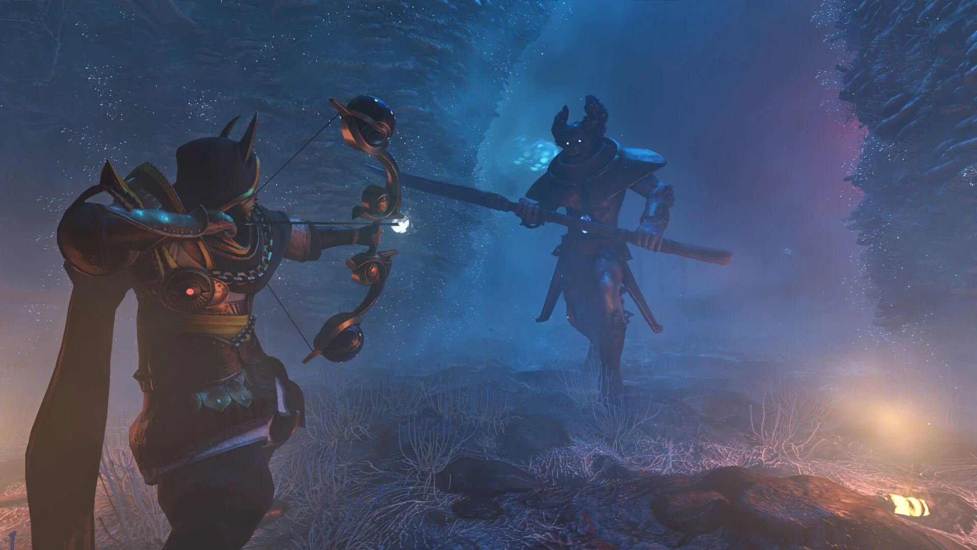 Two players with a bow and a staff fight together at night in a blue-lit misty field