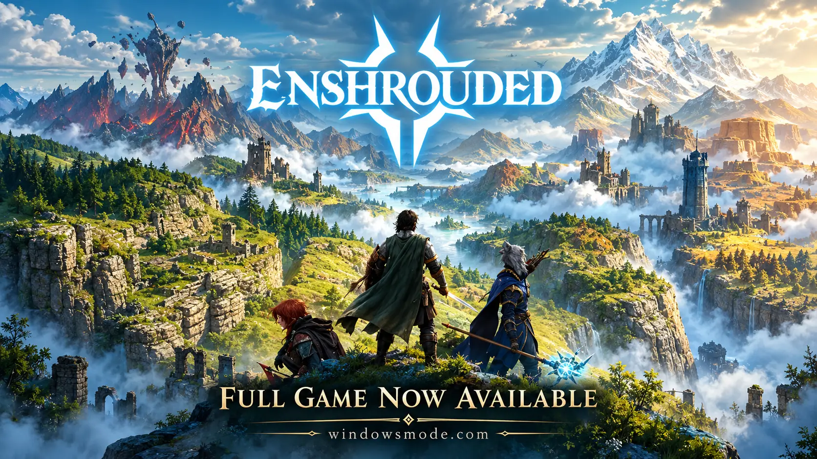 Enshrouded cover art: three adventurers stand on a grassy cliff looking over a misty valley of ruined castles, mountains and a volcano, with the glowing Enshrouded logo above