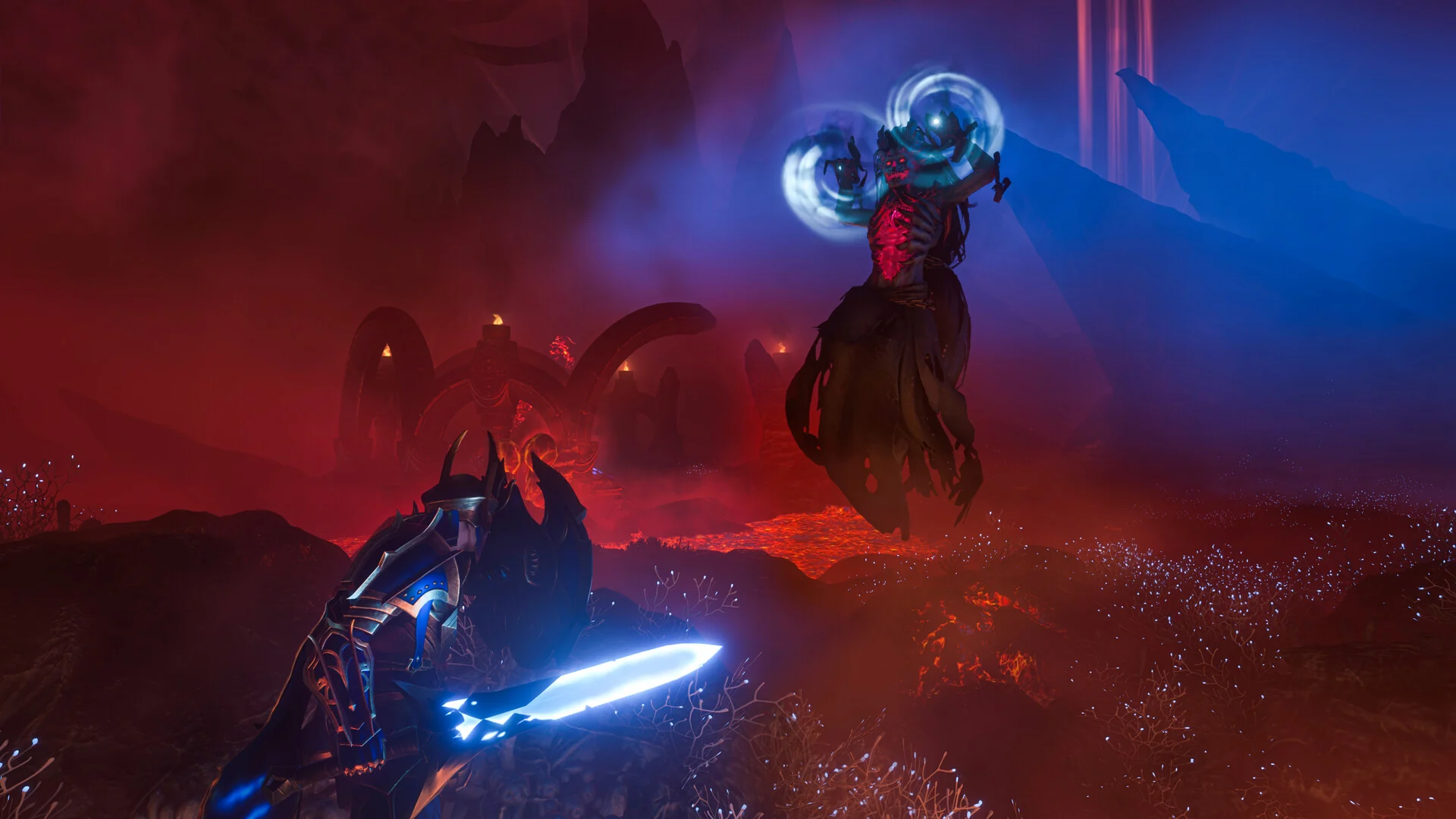 A player with a glowing blue sword fights a floating mage inside the red fog of the Shroud