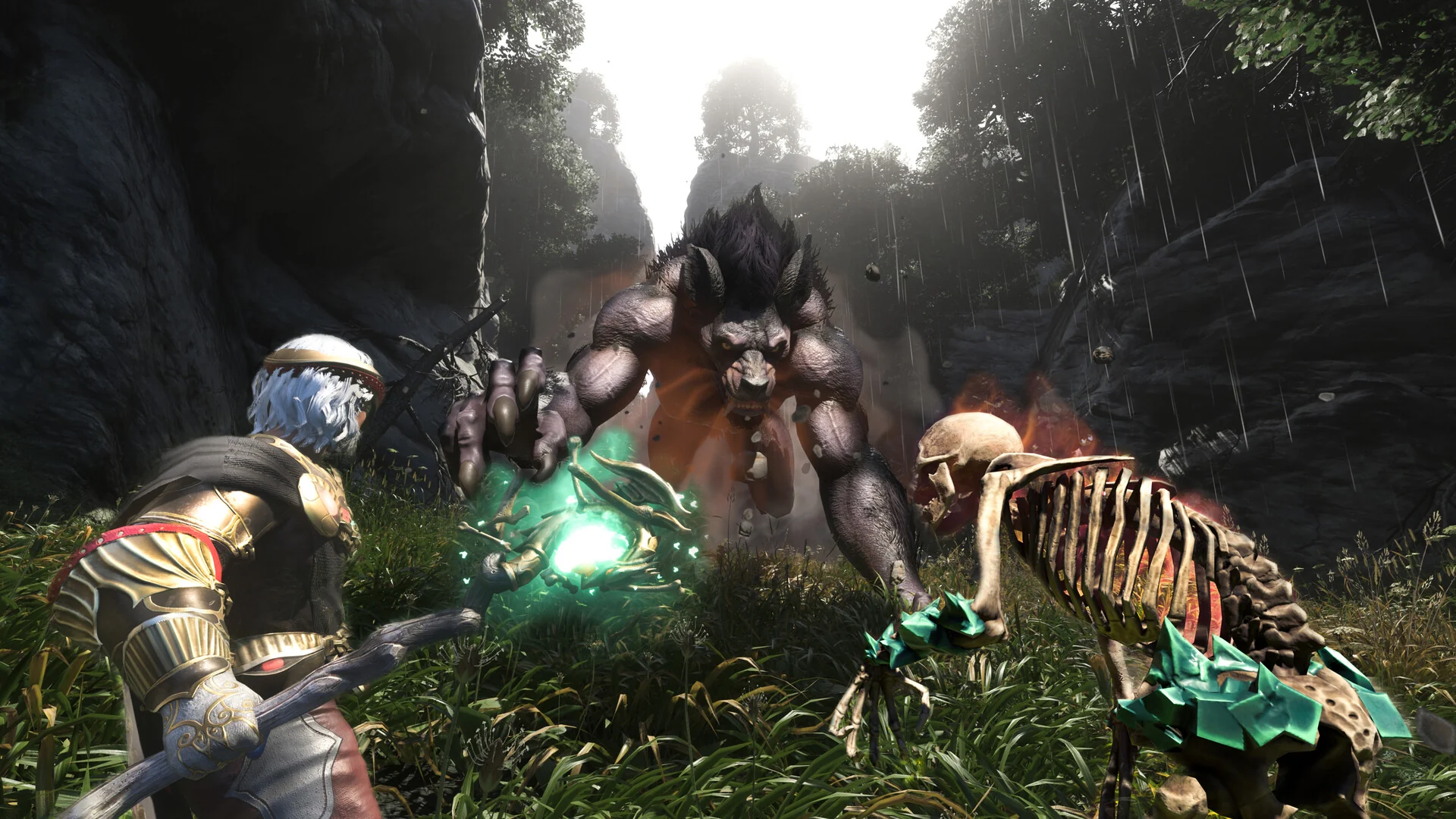 An armored mage casts a green spell beside a summoned skeleton while fighting a large werewolf-like beast in a forest