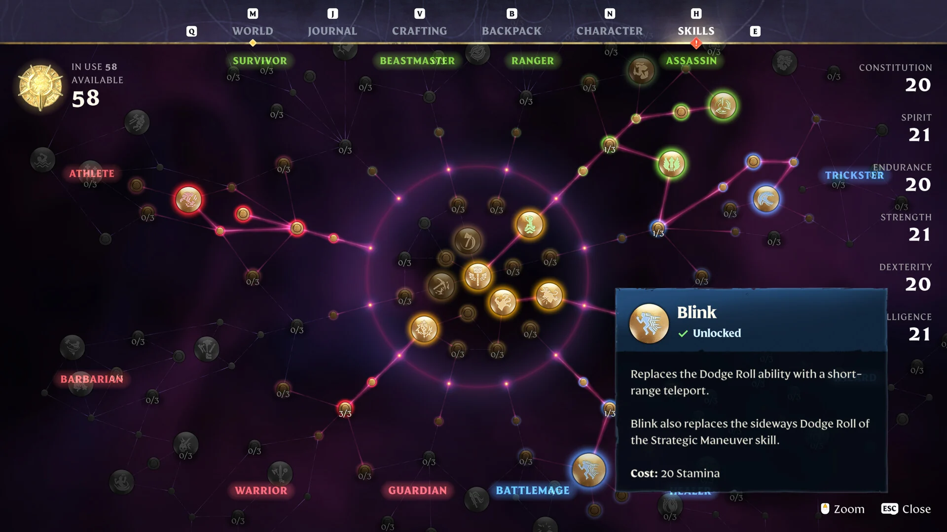 The Enshrouded skill tree screen, a star map of linked skill nodes with the Blink skill selected