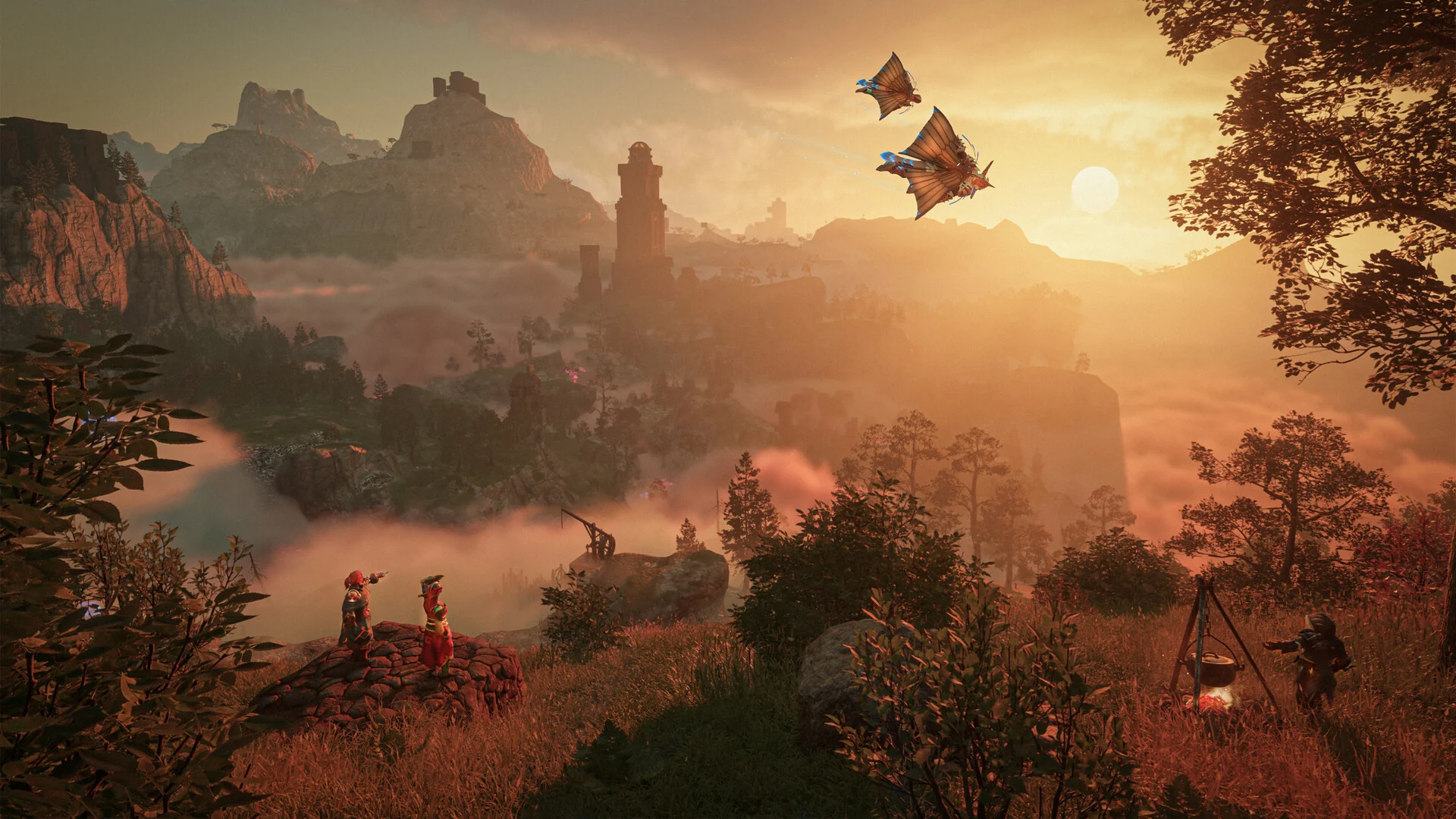 Two players glide over a misty valley at sunset in Enshrouded, with rock spires and a tower on the horizon