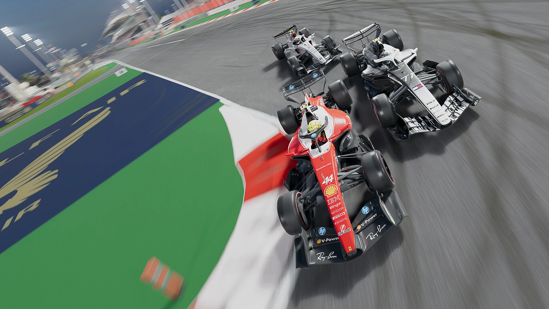 A red 2026 Ferrari dives down the inside of two silver cars at a corner in the F1 25 2026 Season Pack
