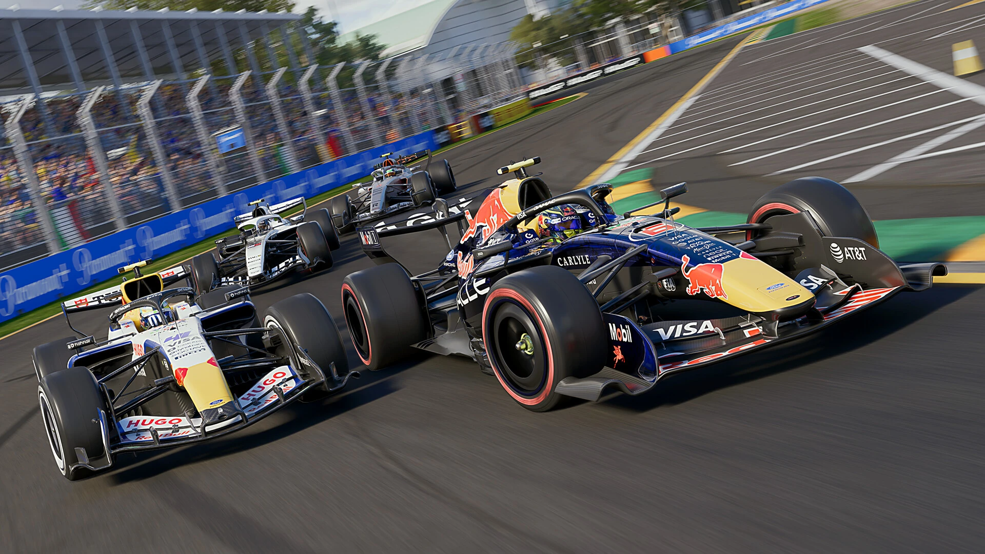 A 2026 Red Bull car leads a Racing Bulls car through a corner at Albert Park in F1 25