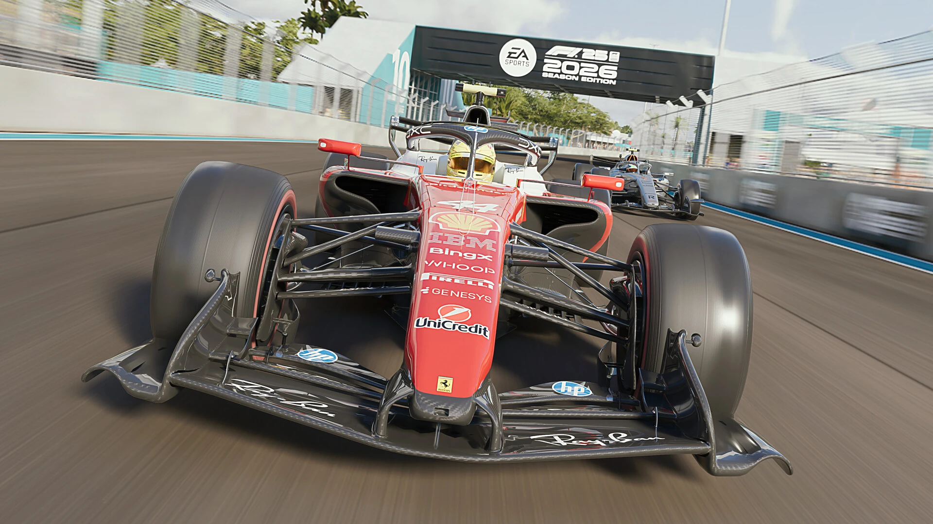 Front view of a 2026 Ferrari driving under an F1 25 2026 Season Edition banner