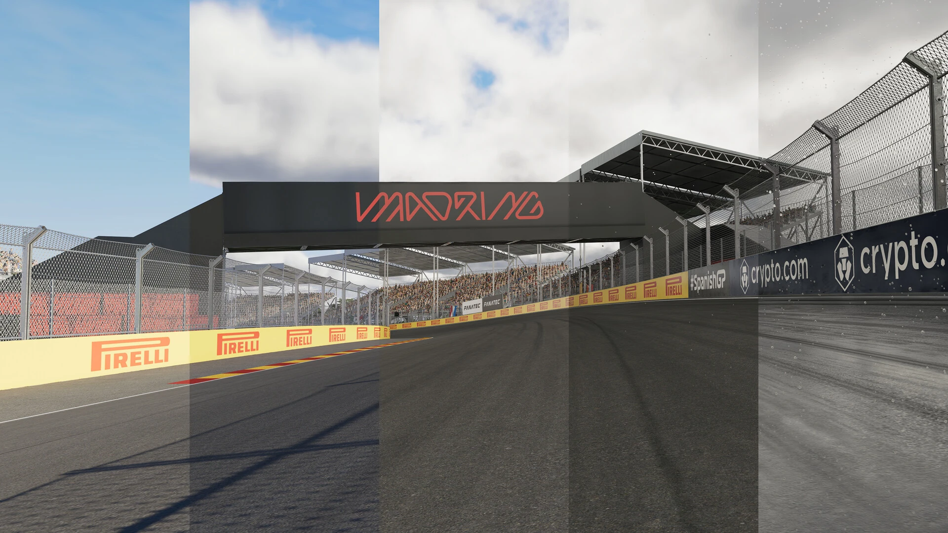 The Madring start line shown in strips of different weather and times of day, from bright sun to overcast and rain, in F1 25