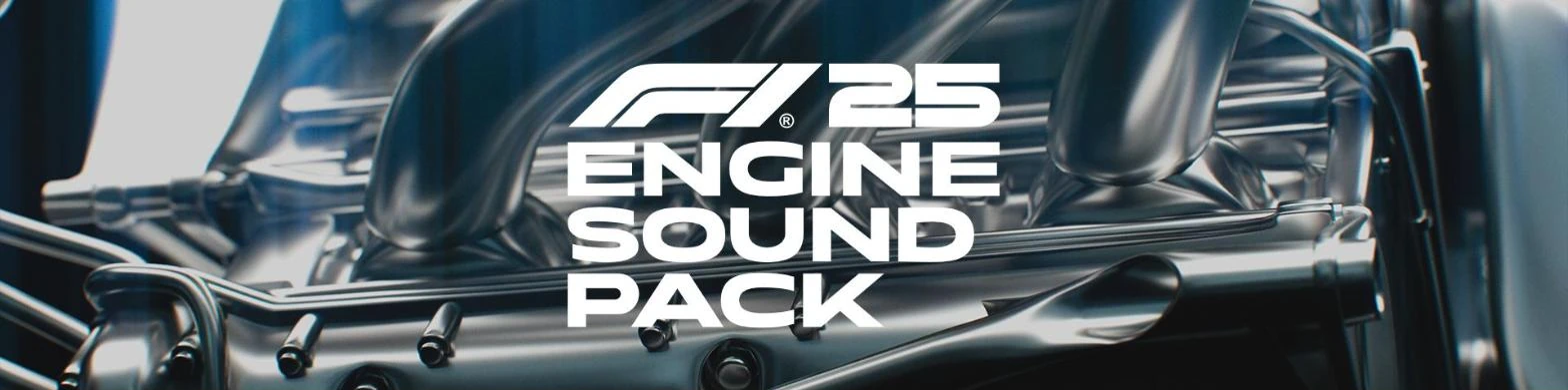 Banner for the F1 25 Engine Sound Pack mod showing a close-up of a Formula 1 engine
