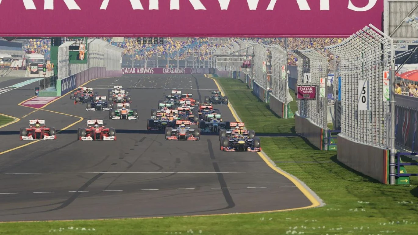The 2012 Formula 1 grid, with Ferrari, McLaren and Red Bull cars, starting a race at Albert Park in F1 25 using the F1 2012 Season mod