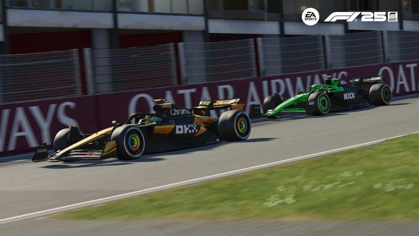 A McLaren follows a Sauber closely down a straight in F1 25 with the Realistic Tweaks mod, which changes dirty air and slipstream