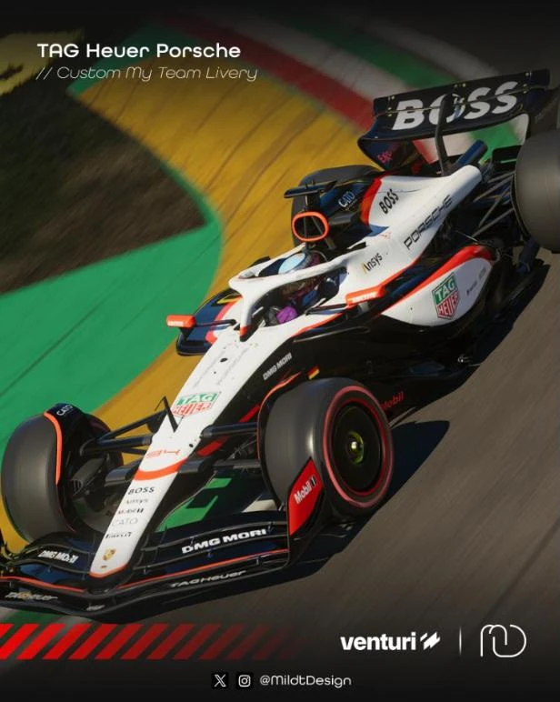 A white, black and red TAG Heuer Porsche custom livery on a My Team car cornering in F1 25