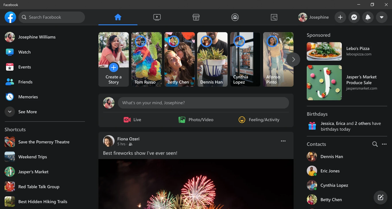 Facebook app on a PC in dark mode with a dark gray background behind the stories, the post box and the news feed