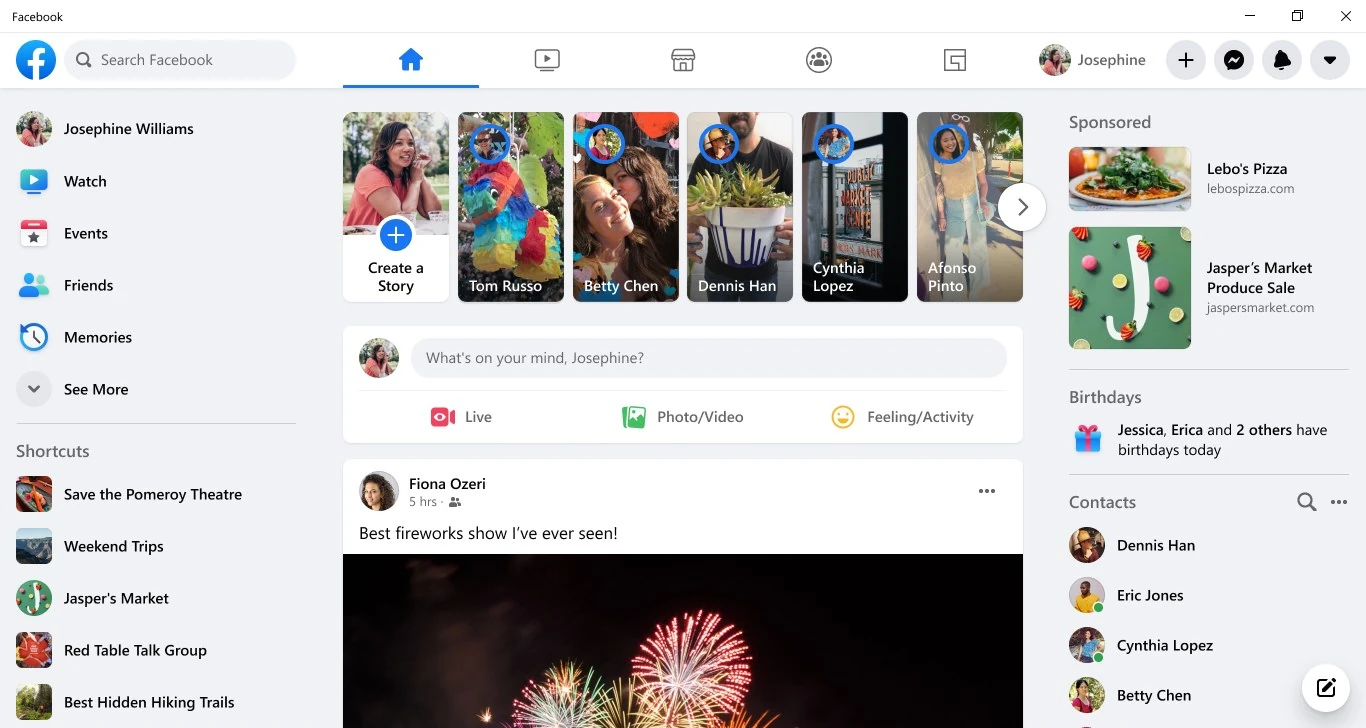 Facebook app window on a PC with shortcuts on the left, a row of stories and a post in the middle, and contacts on the right