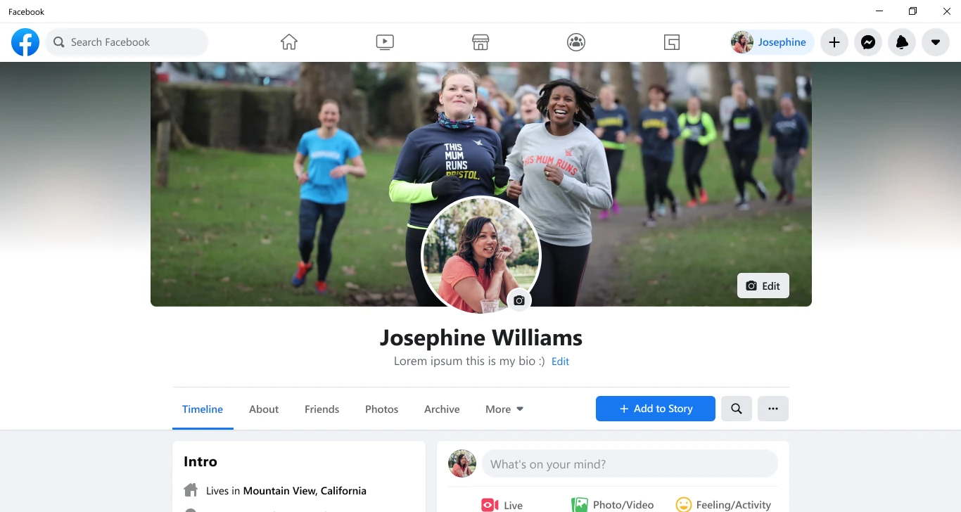Facebook profile page in the Windows app with a cover photo, profile picture, Timeline and About tabs, and an Add to Story button