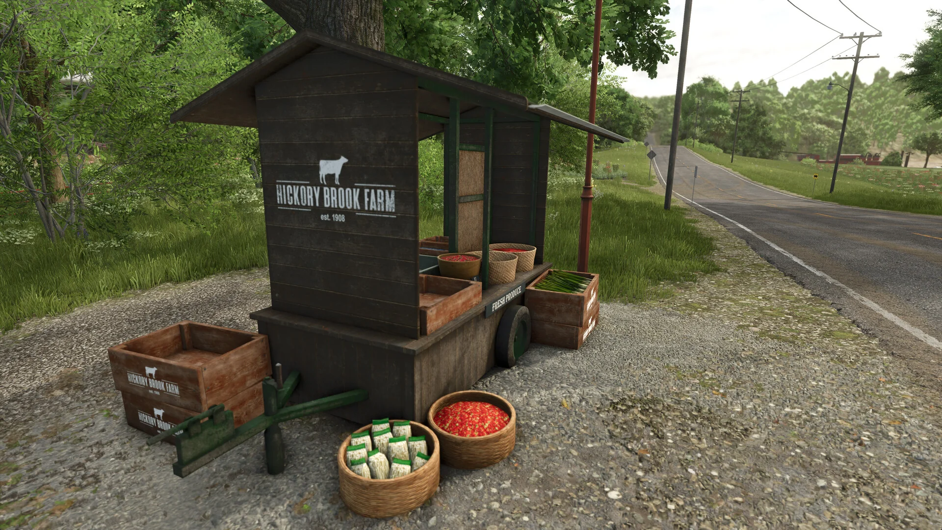 A wooden Hickory Brook Farm roadside stand with crates of produce beside a country road in Farming Simulator 25