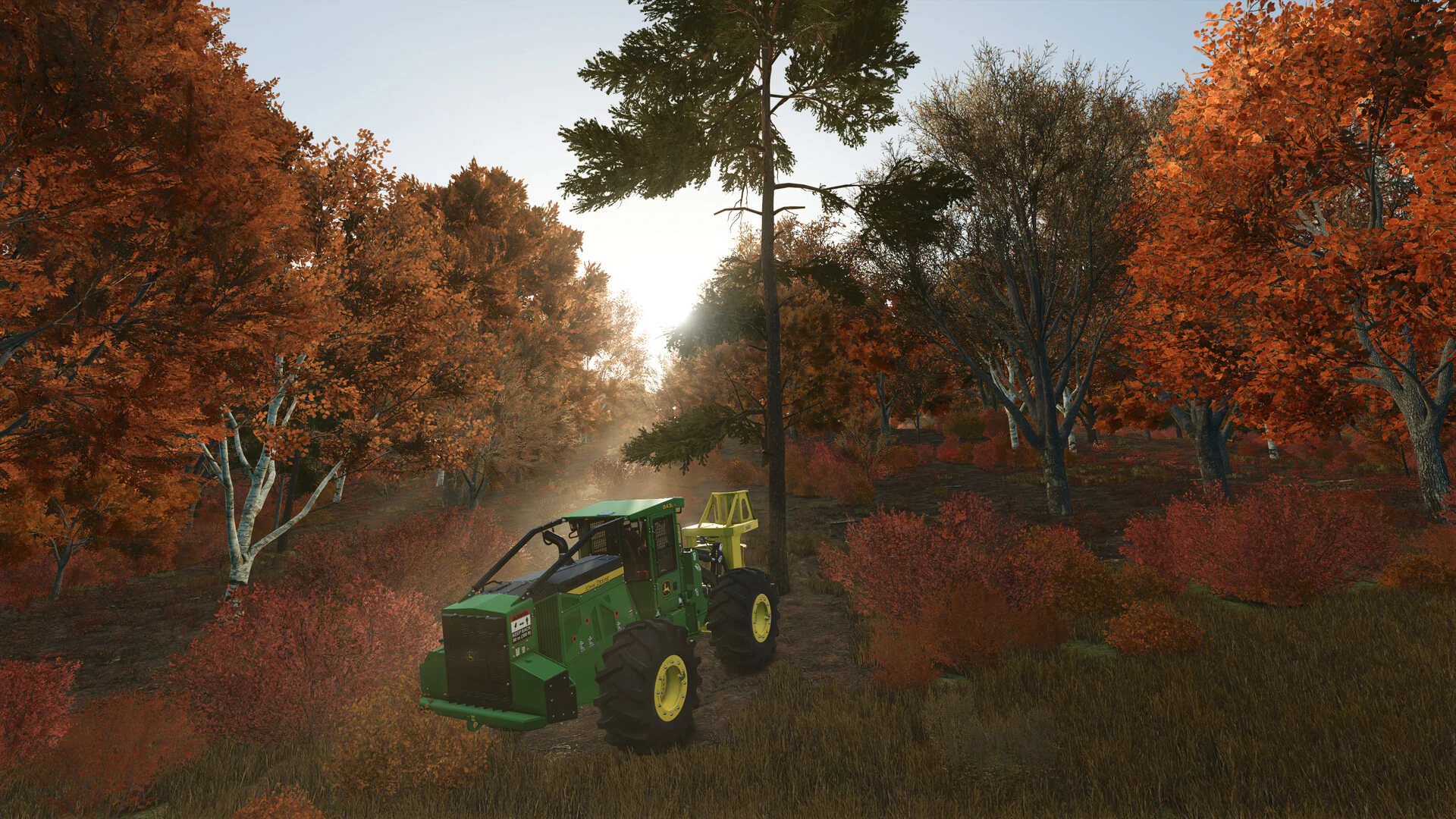 A John Deere skidder drives through an autumn forest with orange and red trees in Farming Simulator 25