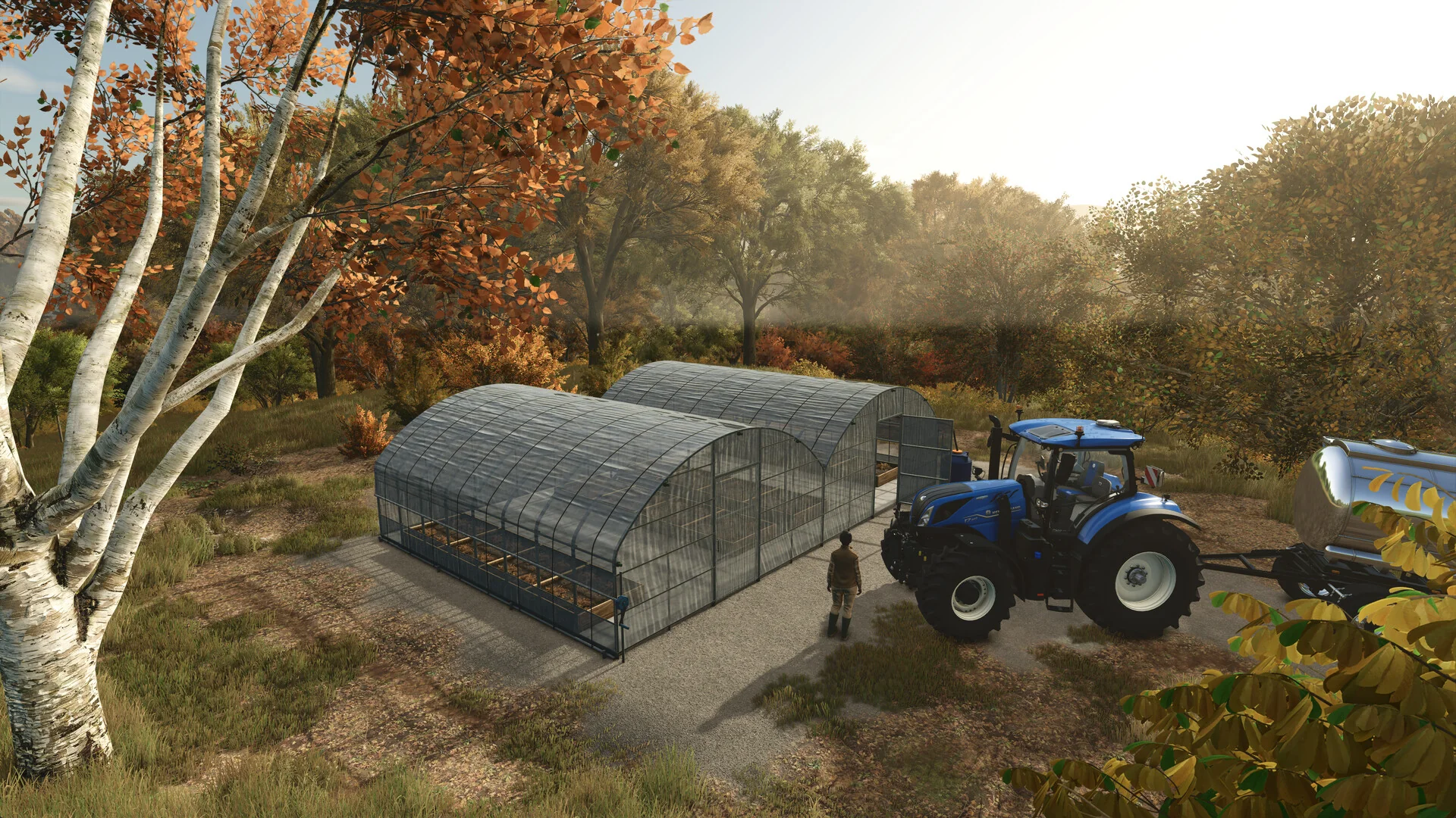 A blue New Holland tractor parked beside two greenhouses on an autumn farm in Farming Simulator 25
