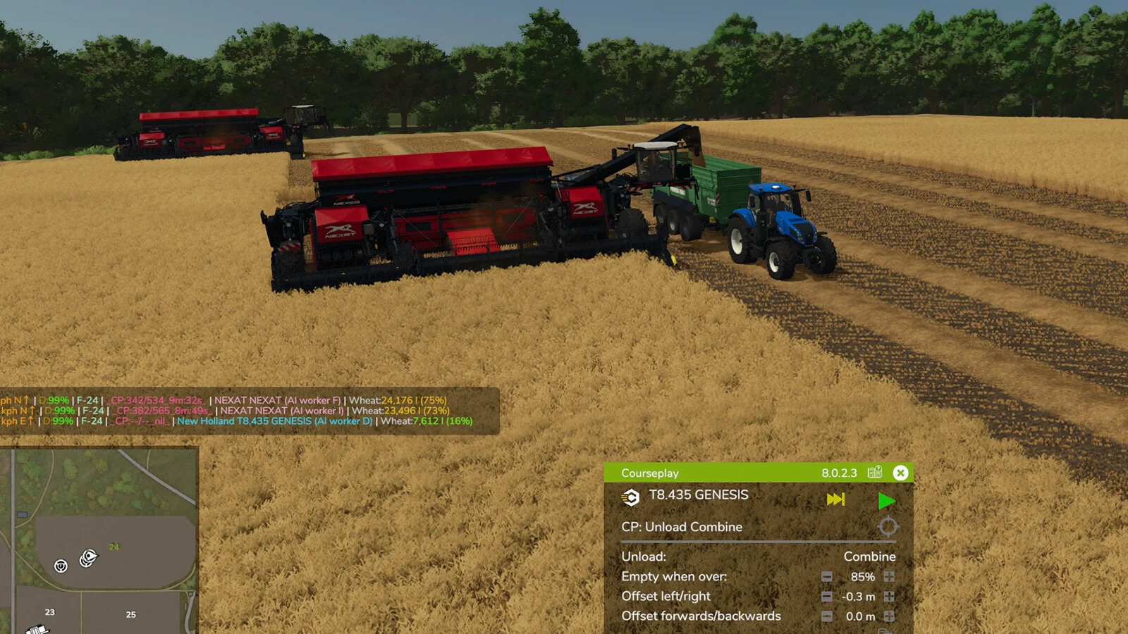 A Courseplay helper unloads a combine into a grain cart in a wheat field, with the Courseplay settings panel open in Farming Simulator 25