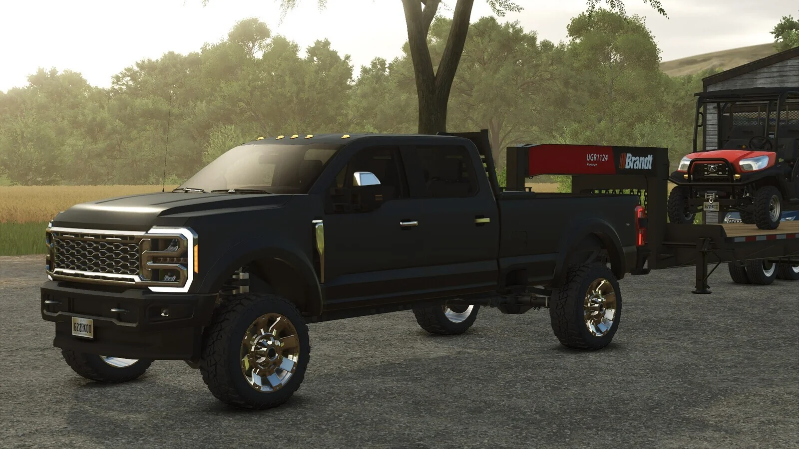A black Lizard Superduty pickup truck towing a flatbed trailer outside a farm shed in Farming Simulator 25