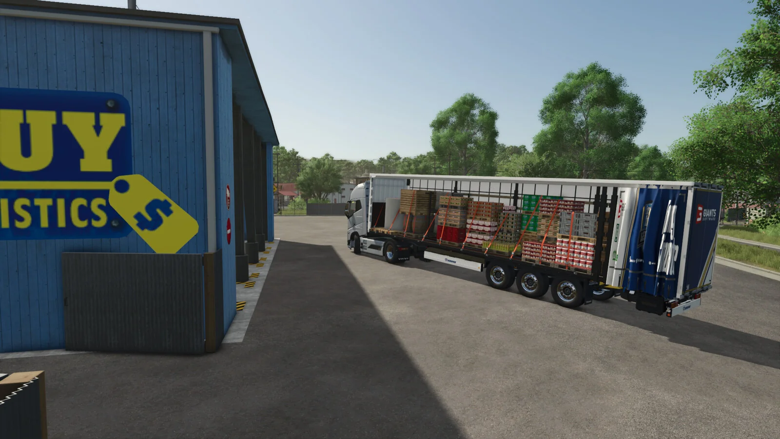A curtain-side trailer loaded with mixed pallets beside a warehouse, using the Universal Autoload mod in Farming Simulator 25