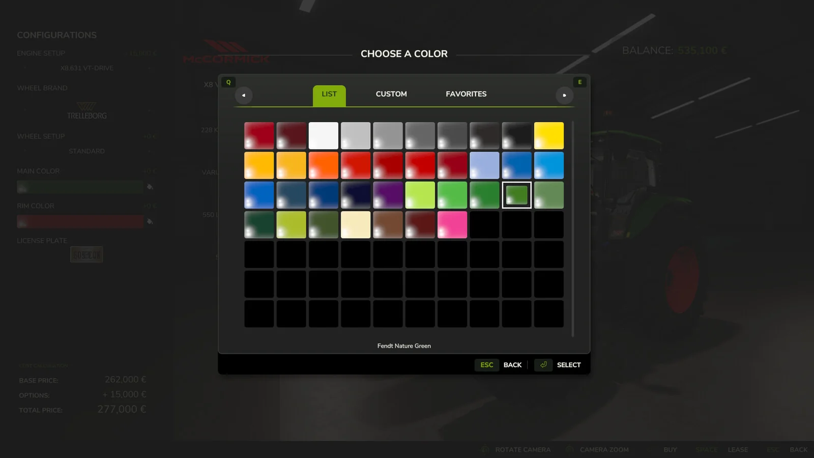 The Choose a Color window in the Farming Simulator 25 shop, with a full grid of paint colors from the Unlimited Color Configurations mod