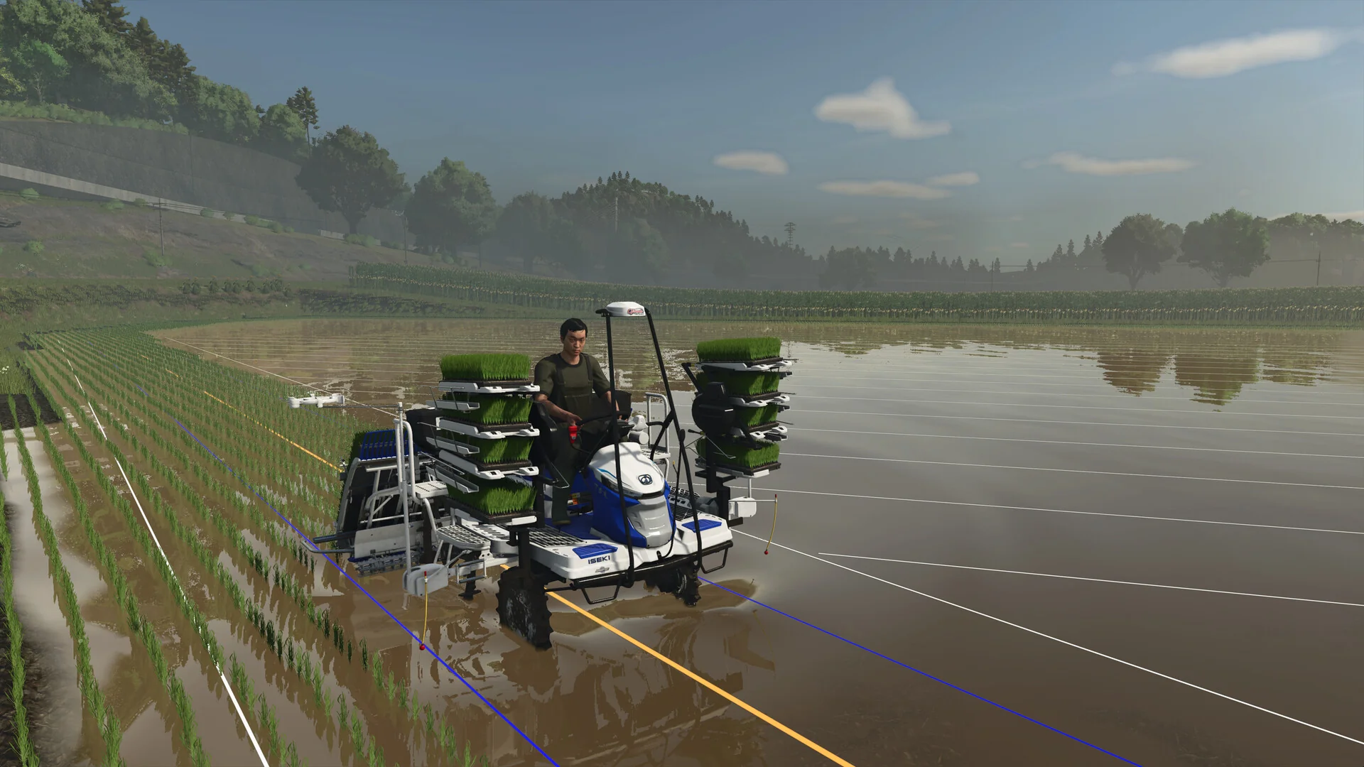 A farmer drives a rice transplanter through a flooded paddy field in the East Asian map of Farming Simulator 25