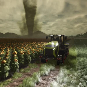 Farming Simulator 25 Tornado over a sunflower field