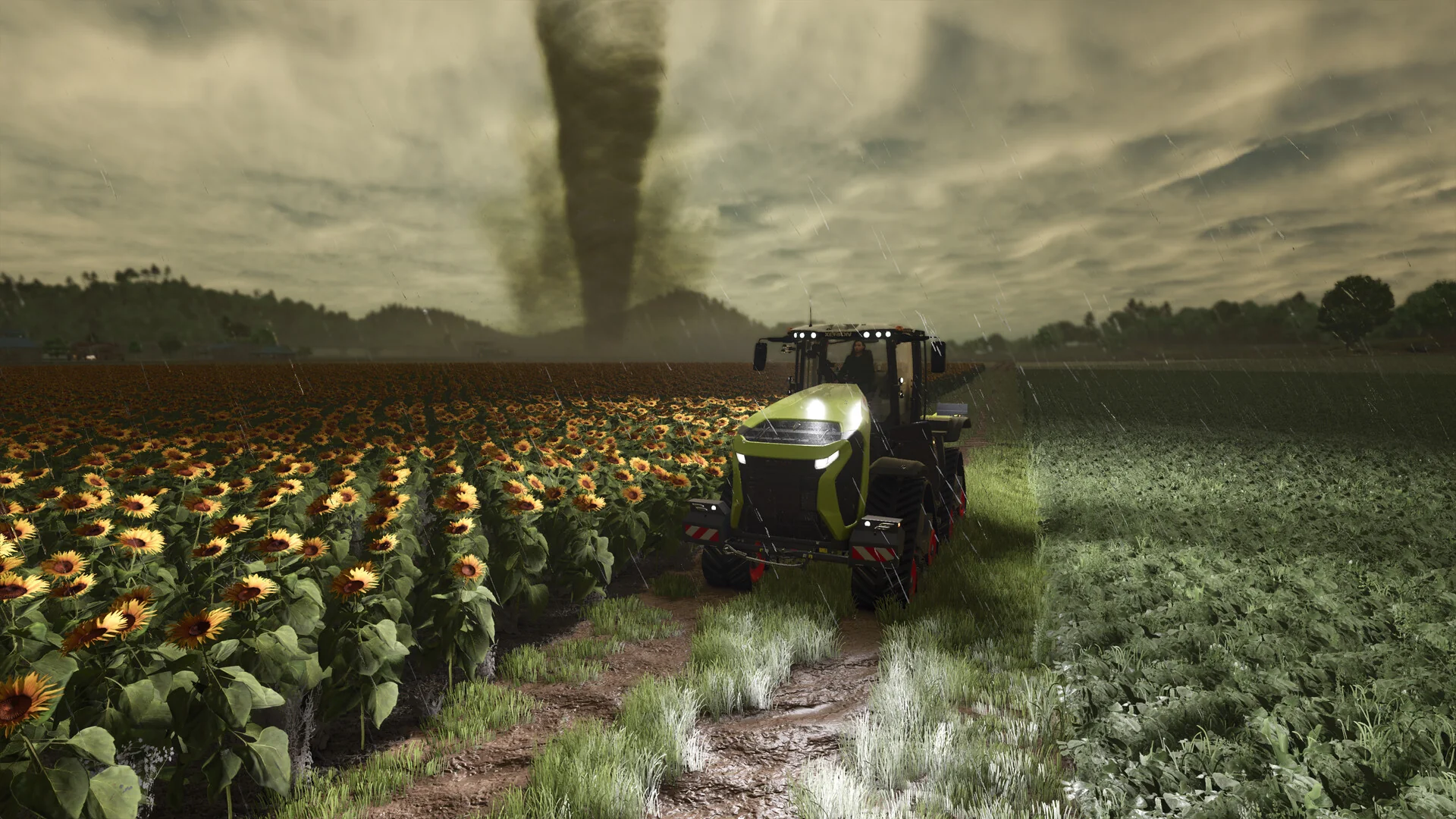 A tornado touches down behind a tractor working beside a sunflower field in Farming Simulator 25