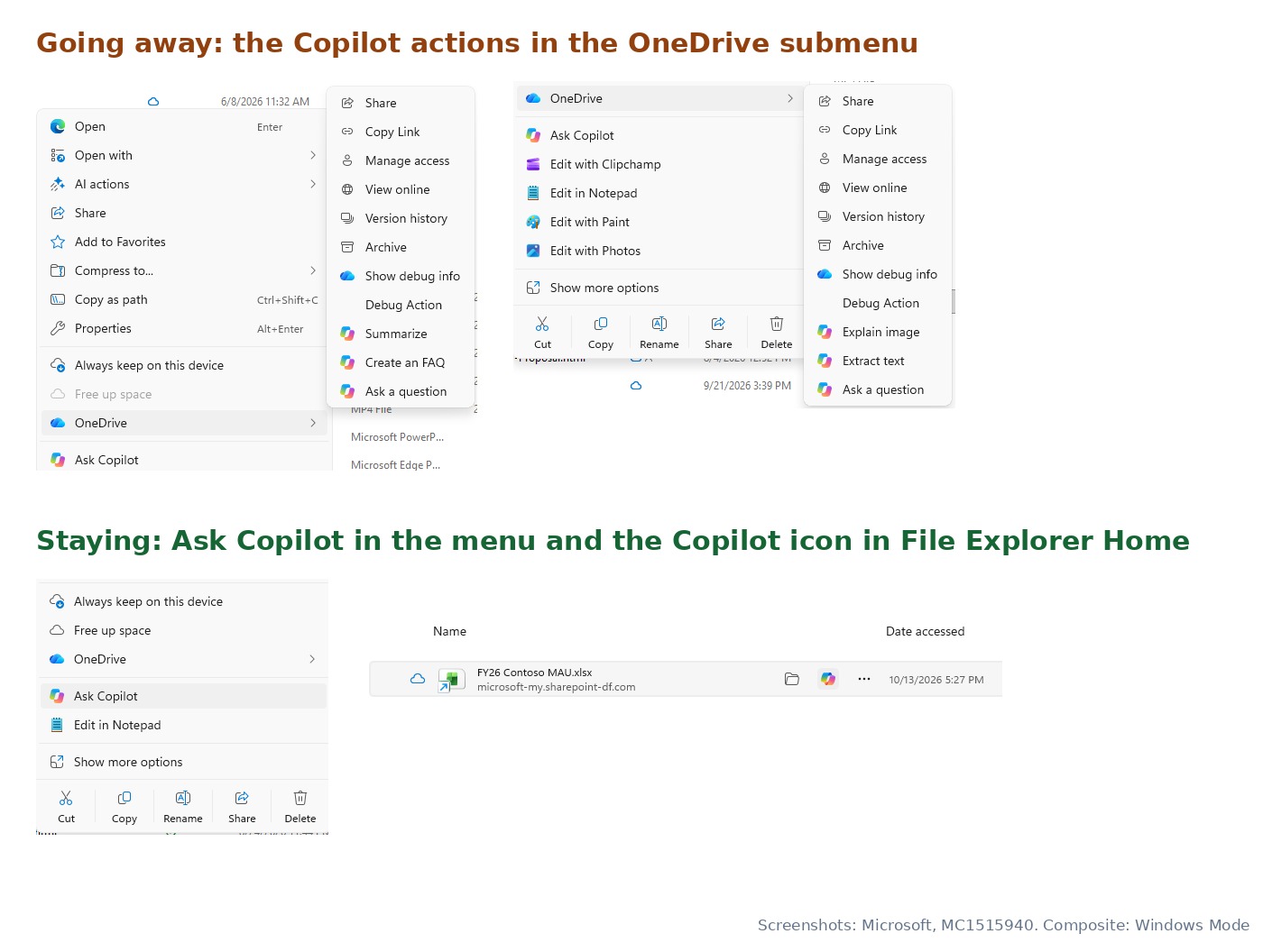 Microsoft screenshots of the File Explorer OneDrive submenu with Copilot actions that are being retired, and the Ask Copilot entry and Home Copilot icon that stay