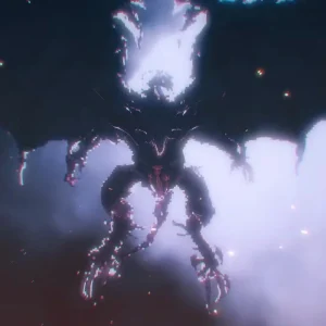 A huge dark winged creature looms through purple clouds in pixel art