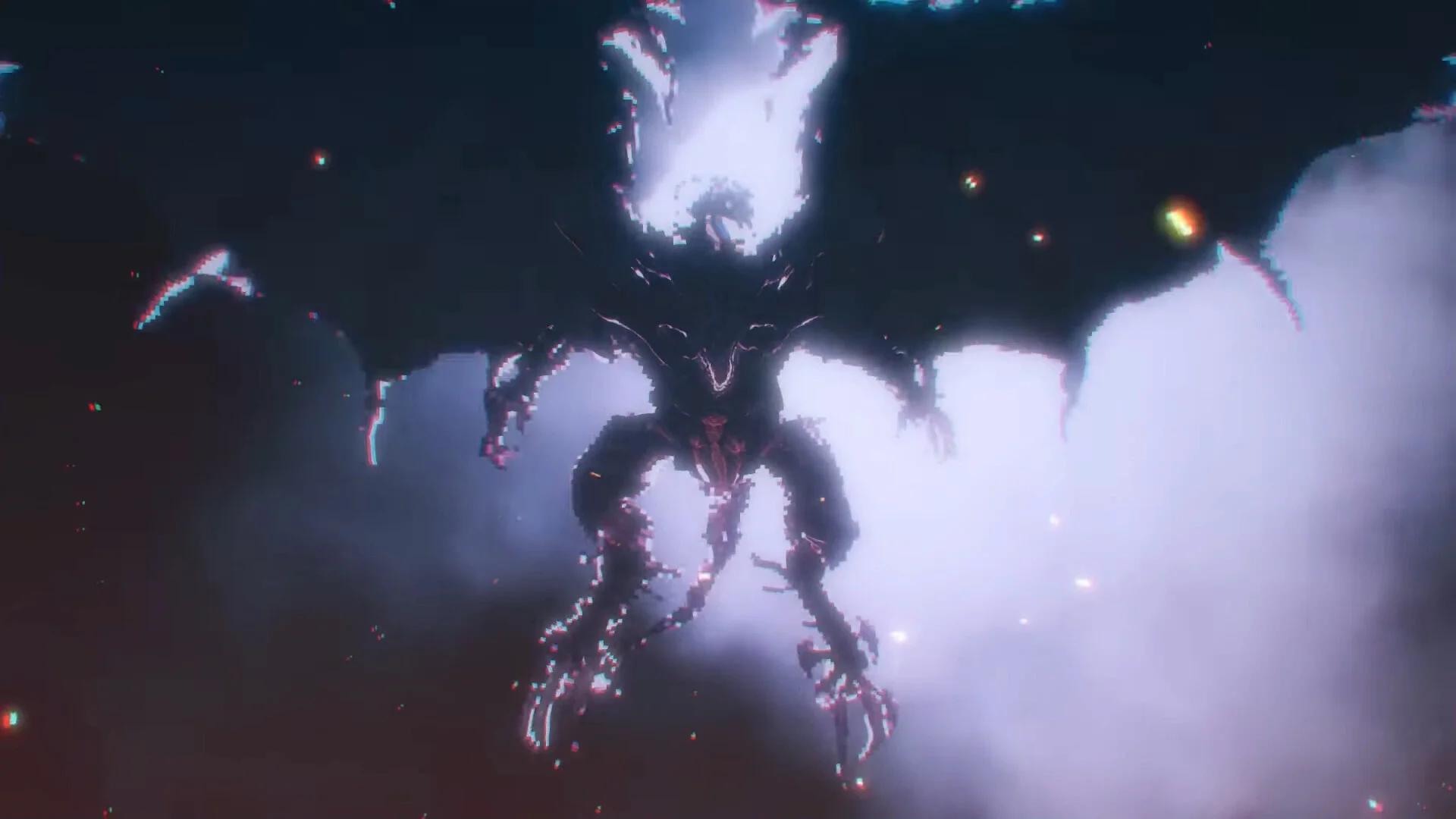 A huge dark winged creature looms through purple clouds in pixel art