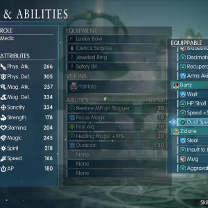 Final Fantasy Resonance equipment and Visions menu