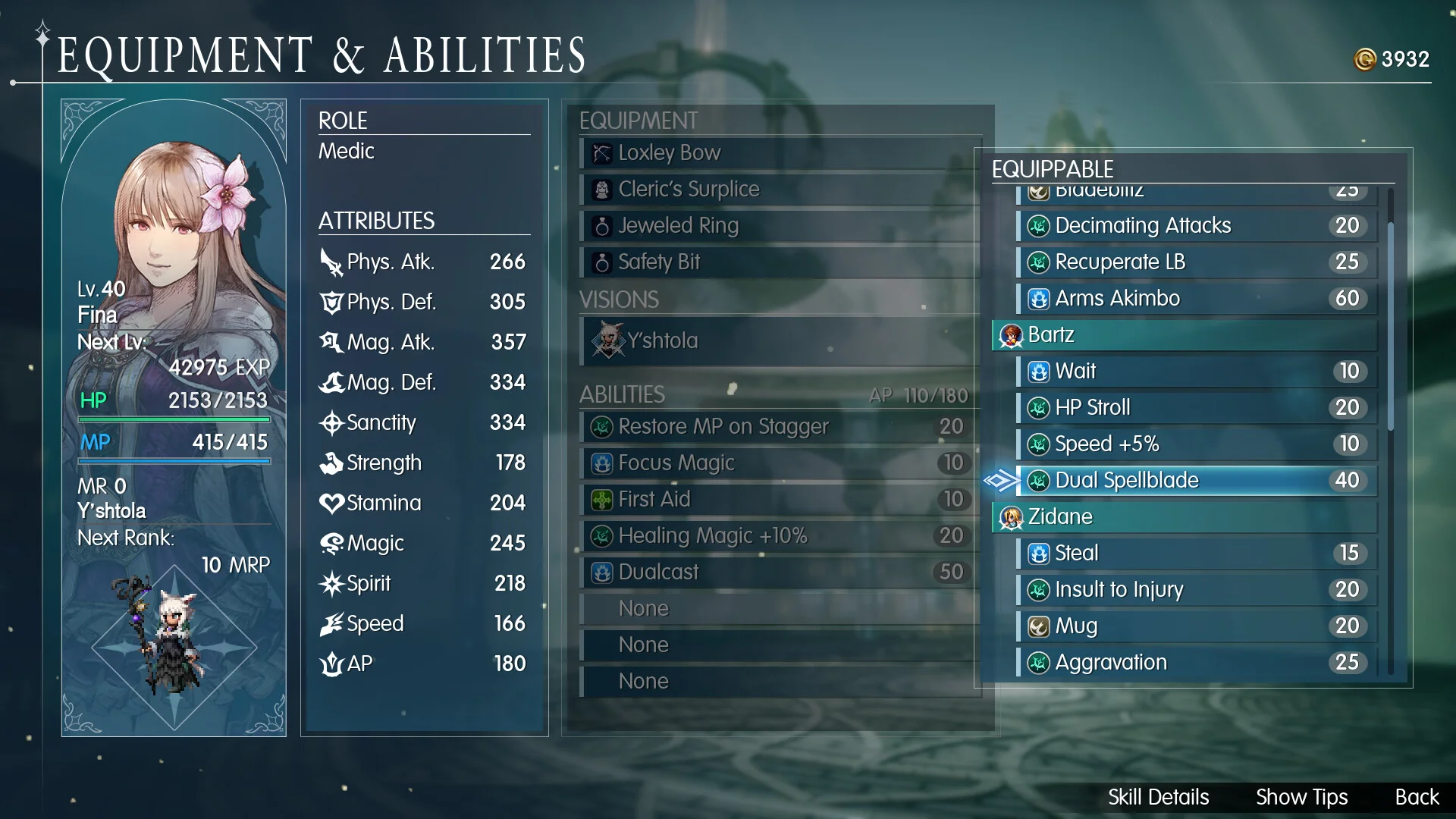 The Equipment and Abilities menu for Fina at level 40 in the Medic role, with Y'shtola equipped as her Vision and abilities from Bartz and Zidane listed
