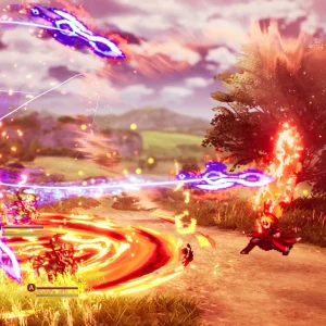 Swirling purple magic and a pillar of fire hit enemies on a grassy road during a battle