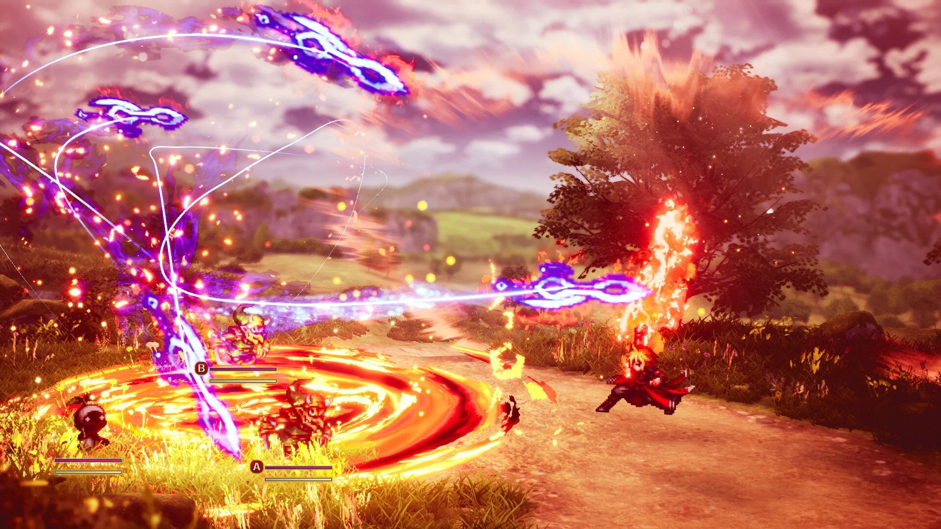 Swirling purple magic and a pillar of fire hit enemies on a grassy road during a battle