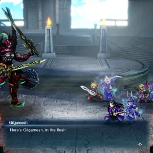 Gilgamesh, a red-armored warrior holding many swords, faces the party in a stone arena and announces himself