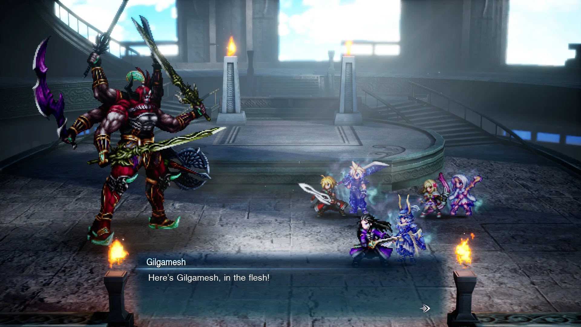 Gilgamesh, a red-armored warrior holding many swords, faces the party in a stone arena and announces himself
