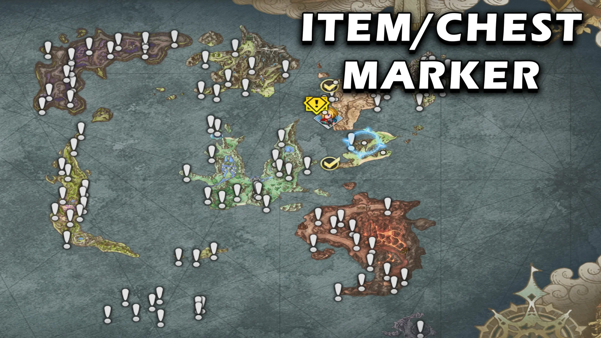 The world map covered in white exclamation markers showing where every item and chest is