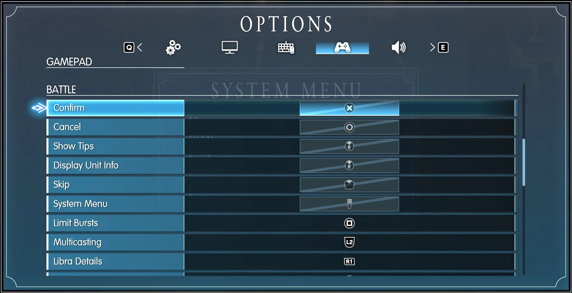 The gamepad options menu showing PlayStation button icons for battle controls