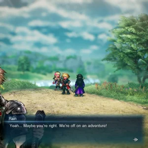 Rain, a blond knight in a dark coat, smiles in a dialogue portrait and says they are off on an adventure, while his party walks a grassy path in pixel art behind him